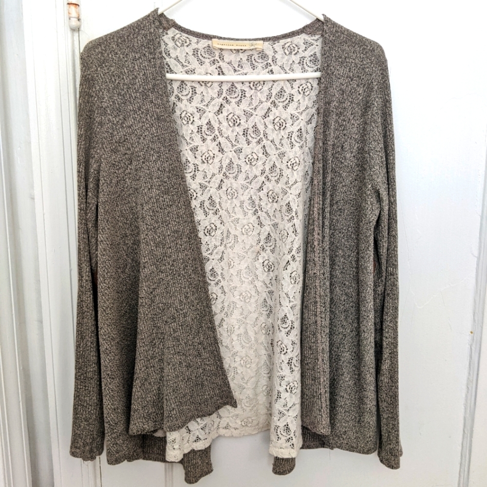 Coastal Grandma Lace Back Cardigan with Patch Elbows -- M
